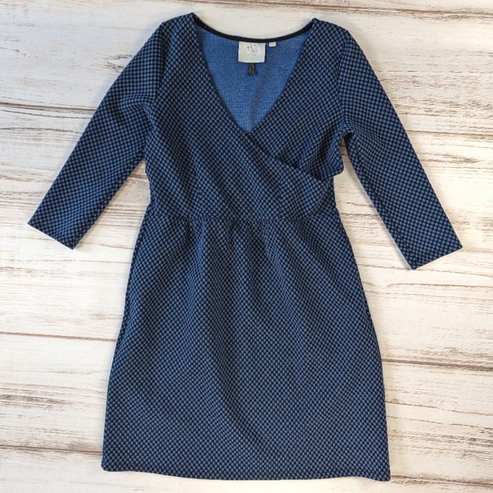 HD in Paris Surplice Blue and Black Polkadot Dress Sz Medium